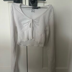 PrettyLittleThing White Ribbed Tie-Front Blouse